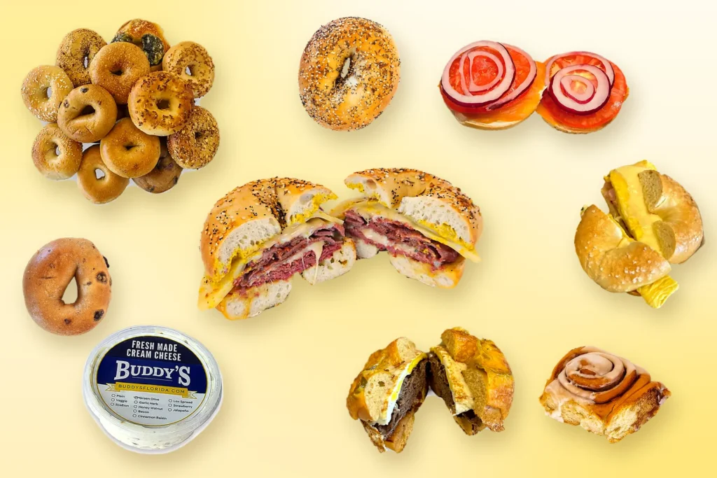 Buddy’s Bagels menu favorites, including a baker’s dozen of bagels, The Carnegie Deli sandwich, smoked salmon, breakfast sandwiches, cream cheese, and a cinnamon roll